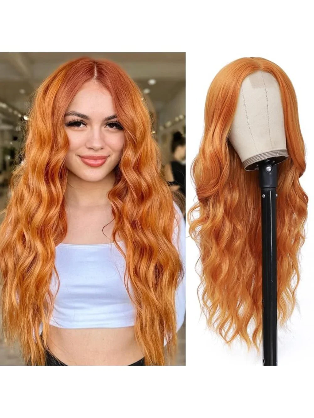 26 Inch Women's Orange Long Wavy Curly Hair Wig Halloween Cosplay